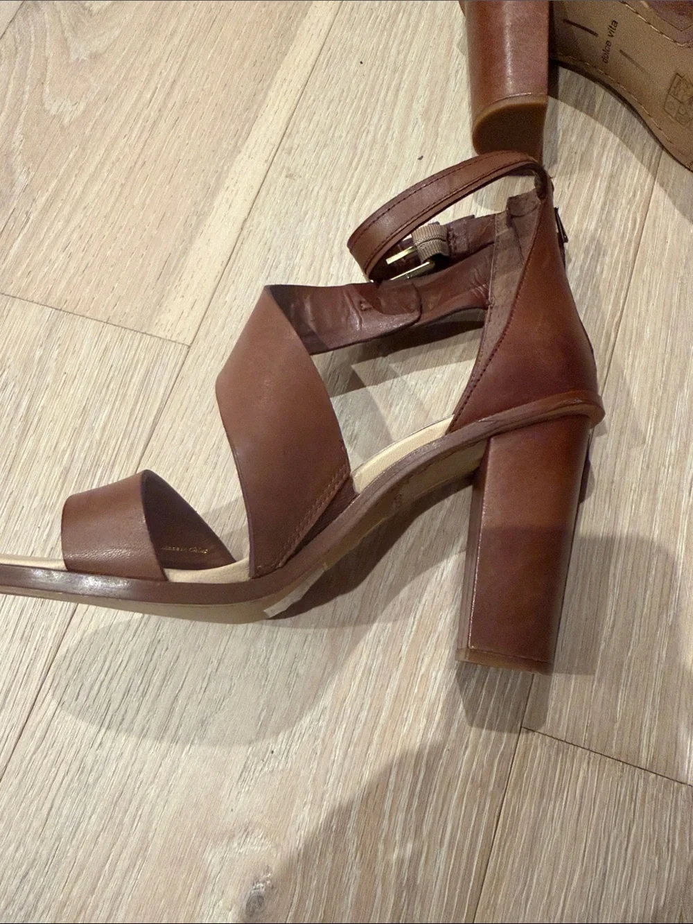 Dolce Vita Cognac Brown Leather Block Heel Sandals